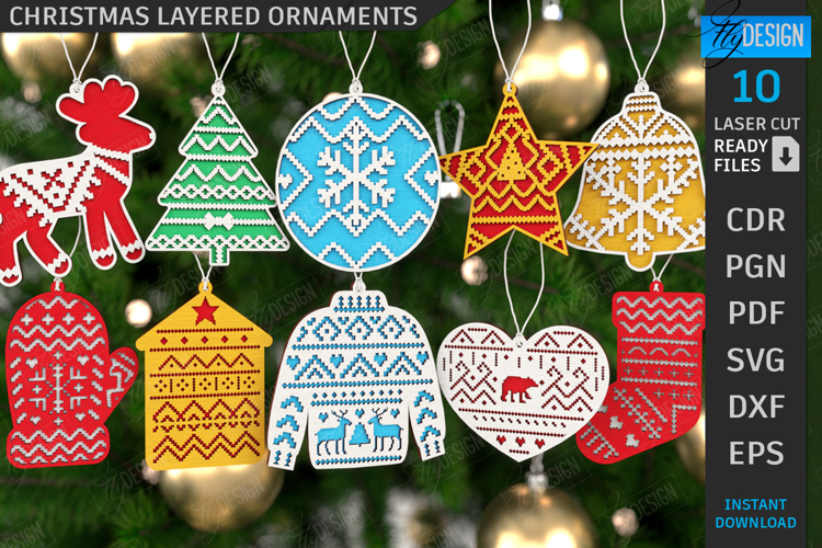 Christmas Ornaments Laser Cut Bundle|Xmas Layered Tree Toys