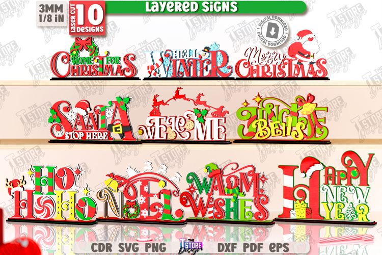 Layered Christmas Signs Laser Cut Bundle,Xmas Tabletop Decor