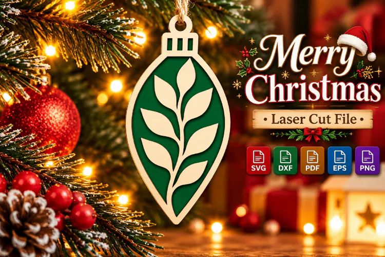 Christmas Leaf Ornament SVG, Green Laser Cut Bauble Design