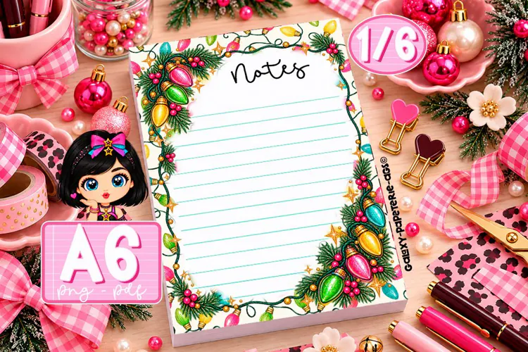 Christmas Lights and Greenery A6 Notepad PNG PDF
