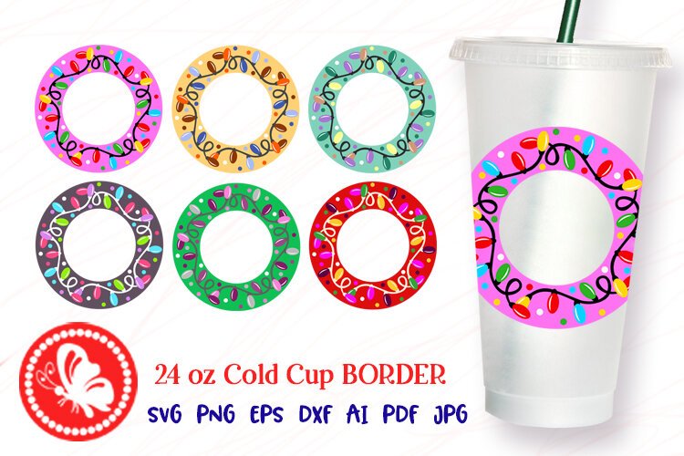 Full wrap 24 oz Cold cup Border Christmas lights svg example image 1