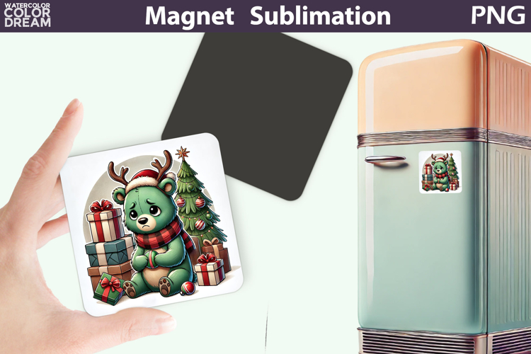 Green Grumpy Bear Magnet | Christmas Animal Sublimation
