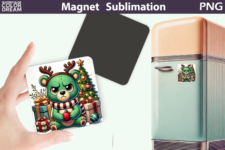 Green Grumpy Bear Magnet | Christmas Animal Sublimation