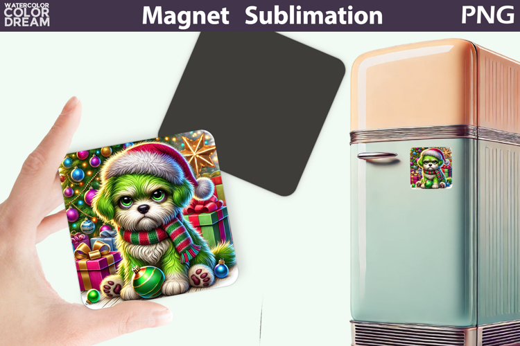 Green Grumpy Dog Magnet | Christmas Animal Sublimation