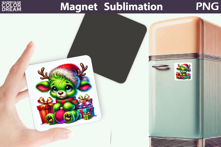 Green Grumpy Reindeer Magnet | Christmas Animal Sublimation