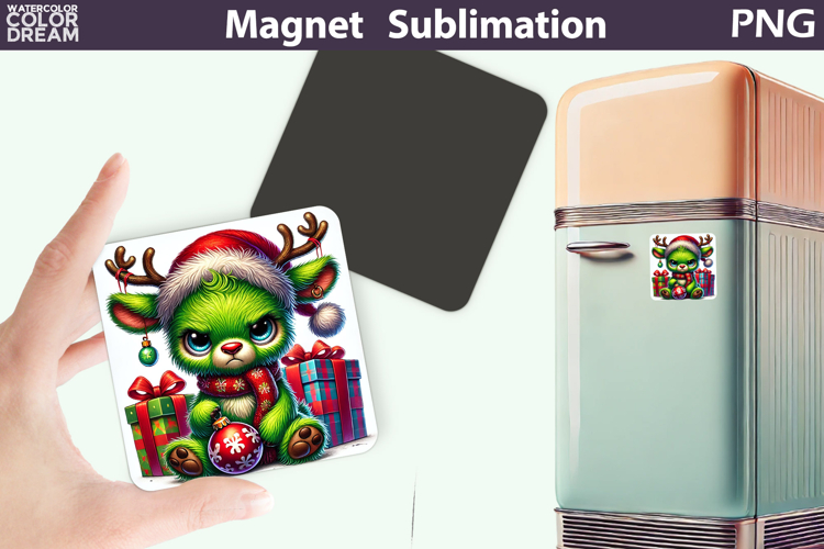Green Grumpy Reindeer Magnet | Christmas Animal Sublimation