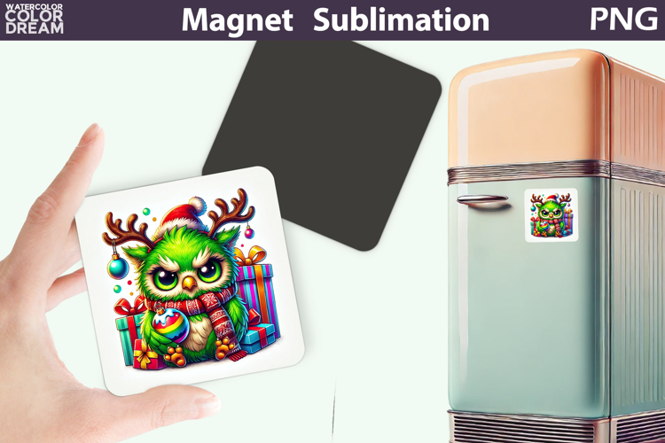 Green Grumpy Owl Magnet | Christmas Animal Sublimation