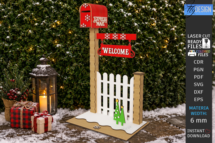 Wooden Christmas Mailbox Post Laser Cut | Porch Decor | CNC