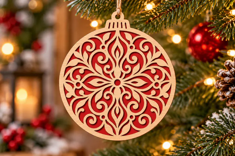 Christmas Mandala Bauble SVG, Layered Laser Cut Wood