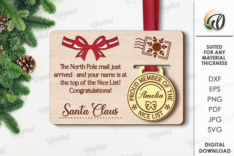 Christmas Medal with Greeting Card Laser Cut. Christmas SVG