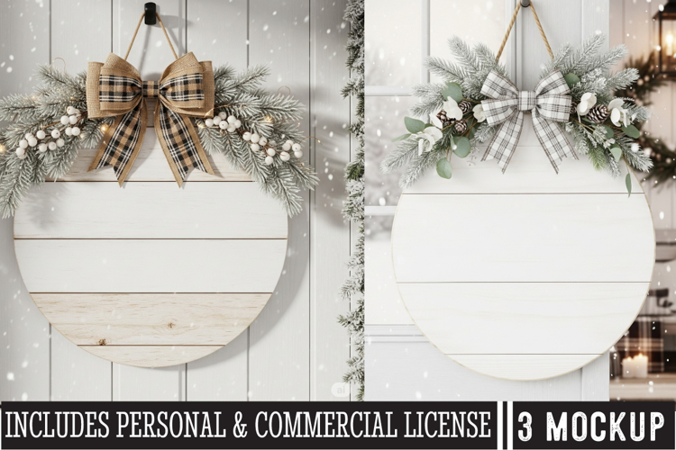 Christmas Wooden Door Hanger Round Sign Mockup