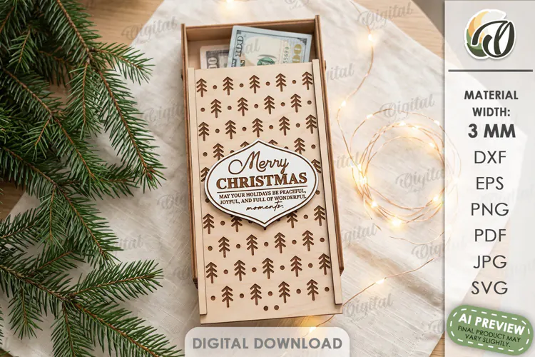 Christmas Money Gift Box Laser Cut. Money Holder SVG