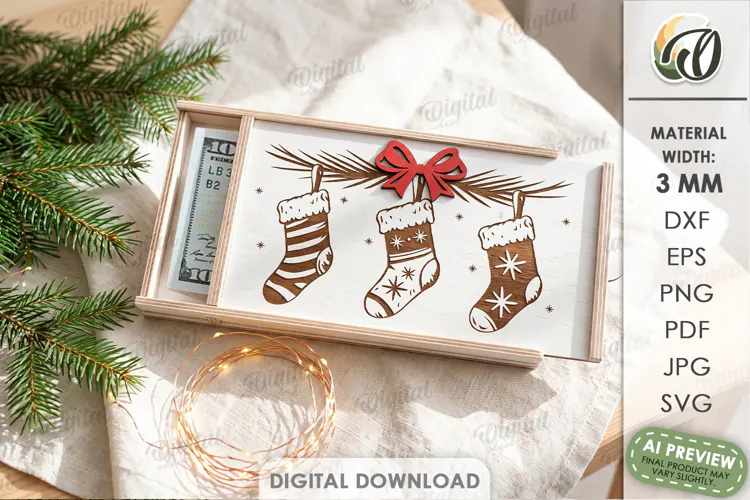 Christmas Money Gift Box Laser Cut. Money Holder SVG