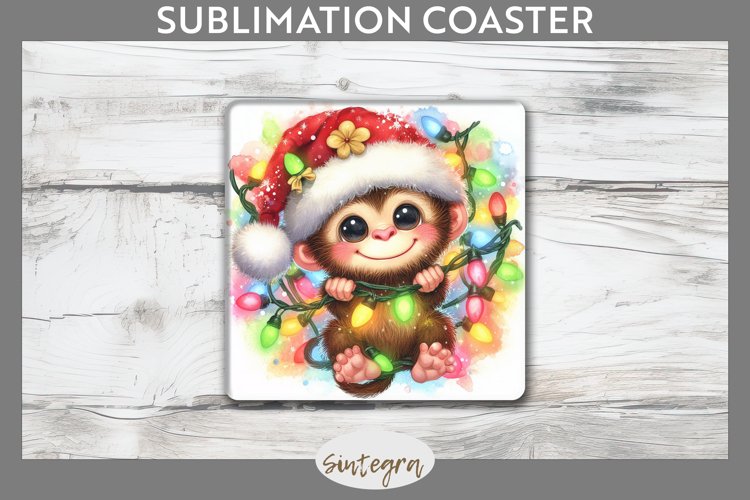 Christmas Monkey v4 Entangled in Lights Square Coaster Subli