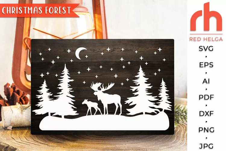 Christmas Forest SVG, Winter Moose Cut File, Xmas Scene DXF