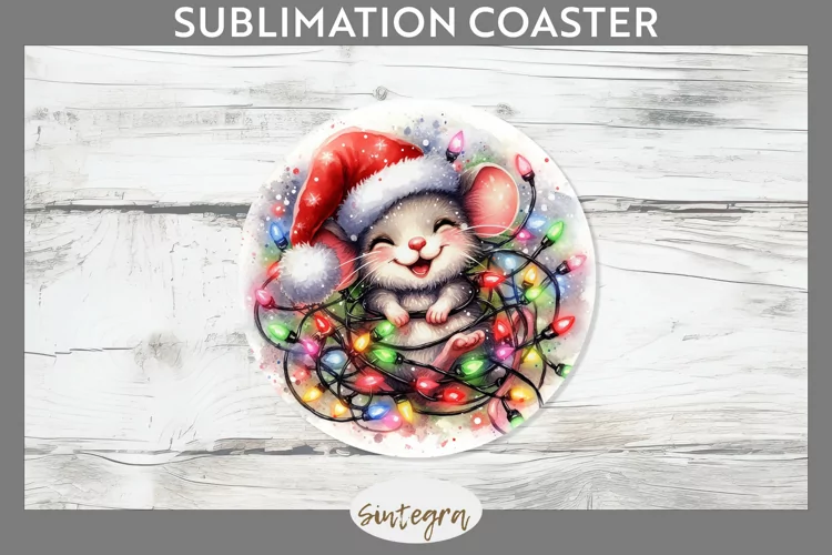 Christmas Mouse v1 Entangled in Lights Round Coaster Sublima