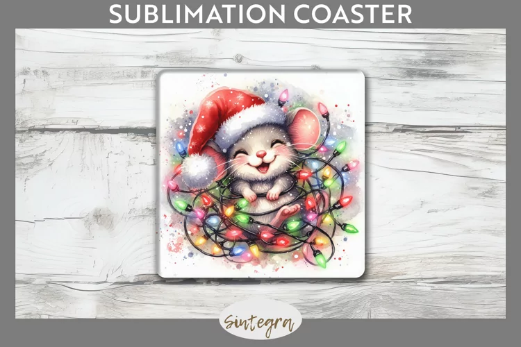 Christmas Mouse v1 Entangled in Lights Square Coaster Sublim