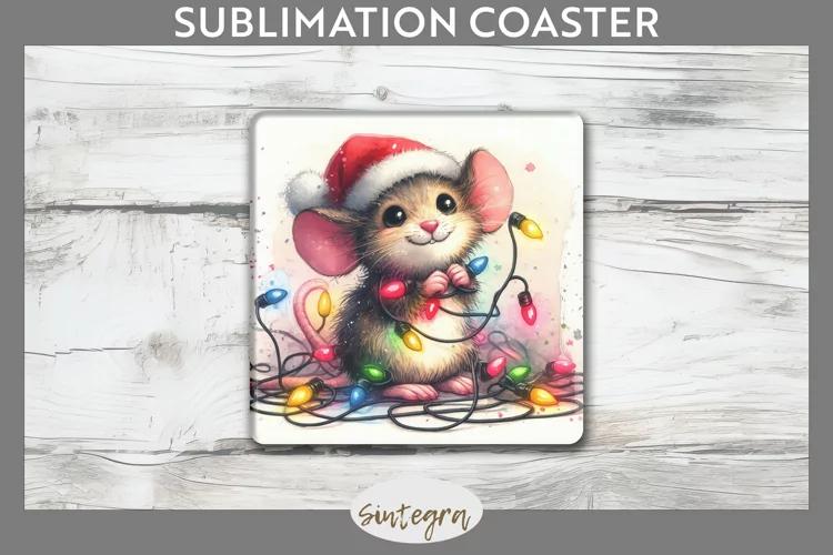 Christmas Mouse v2 Entangled in Lights Square Coaster Sublim