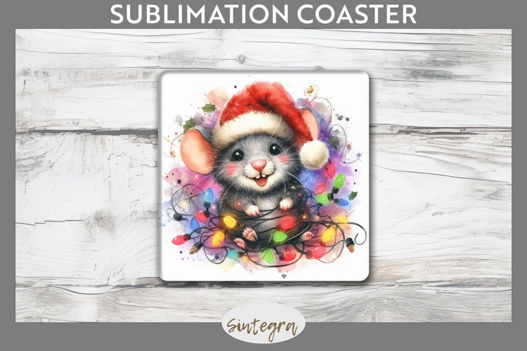 Christmas Mouse v3 Entangled in Lights Square Coaster Sublim