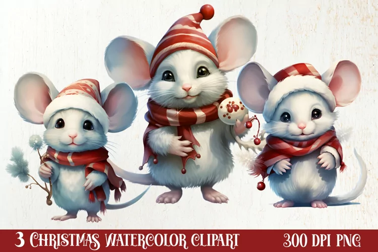 Christmas Mouse in Santa Hats Clipart Sublimation
