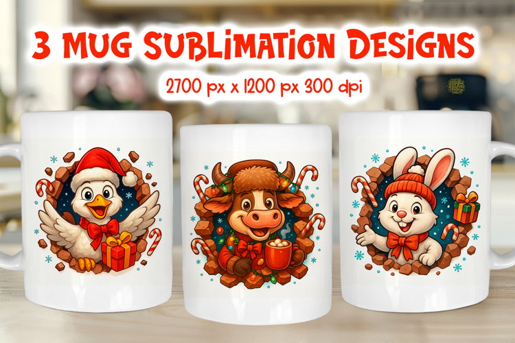 Funny Christmas Mug Wraps | 3D Animal Sublimation PNG