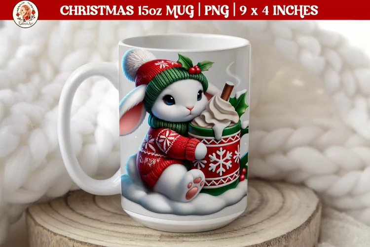 3D Christmas Coffee Mug Wrap, Christmas Bunny