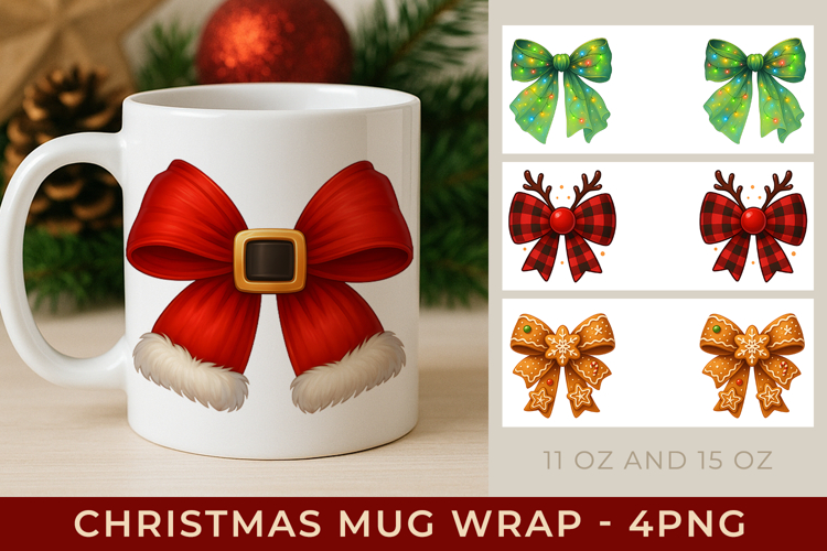 Christmas Bow Mug Wrap PNG for Sublimation