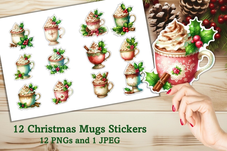12 Christmas Mugs Stickers JPEG and PNGs