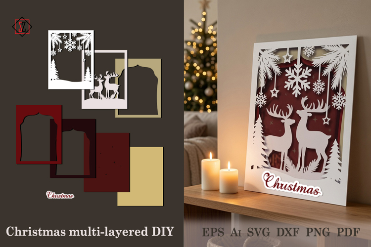 Christmas multi-layered DIY with reindeer | Papercraft panel