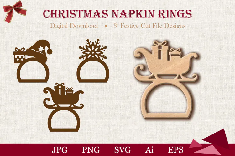 Christmas Napkin Ring SVG | 3 Holiday Cut Files