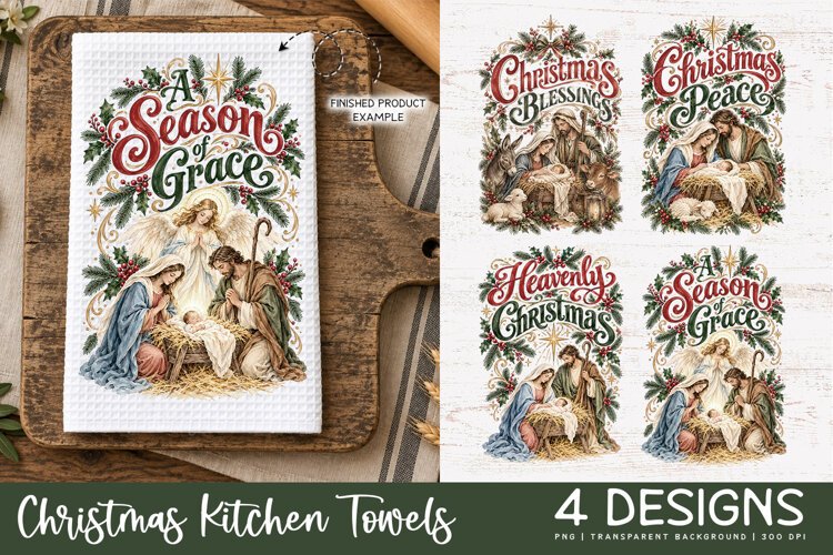 Christmas Nativity png design for sublimation being used as Christmas kitchen towel print