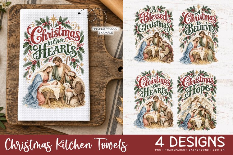 Christmas Nativity png design for sublimation being used as Christmas kitchen towel print