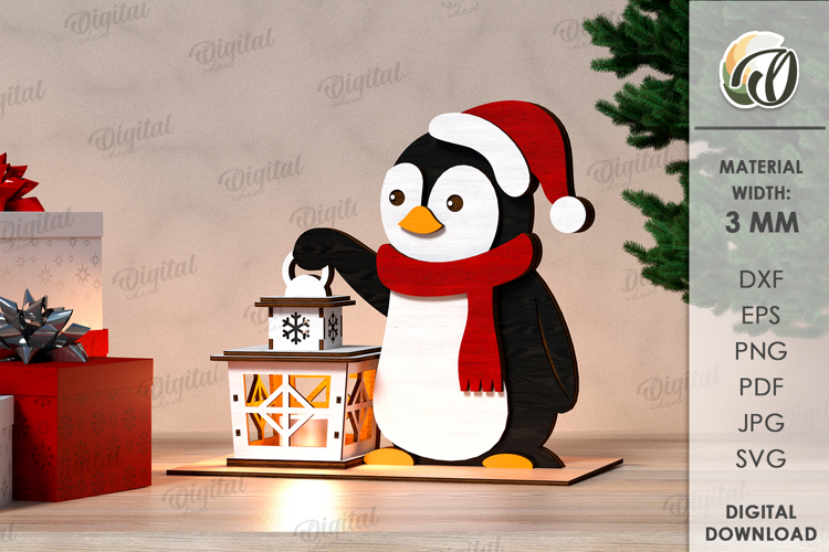 Christmas Night Lantern Laser Cut. Penguin SVG