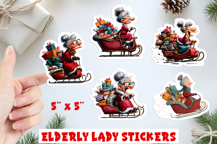 Christmas stickers, funny elderly old lady on Santas sleigh