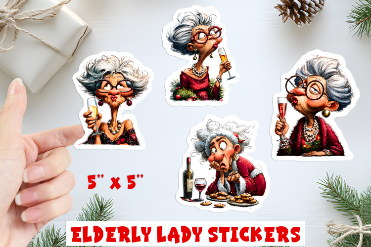 Christmas stickers, funny elderly old lady with Prosecco