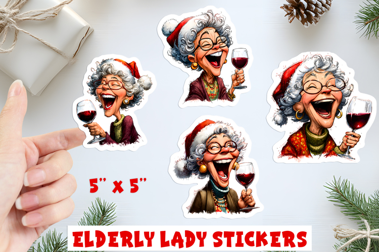 Christmas stickers, funny smiling old lady with wine glass