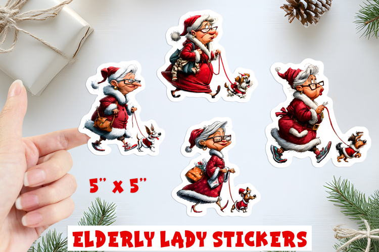 Christmas stickers, funny old lady in Santa hat with dog PNG