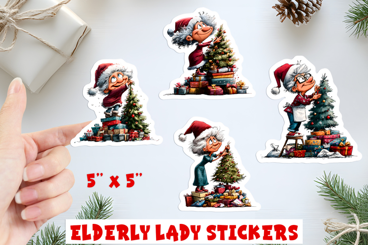 Christmas stickers old lady in Santa hat with Christmas tree