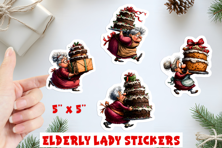 Christmas stickers funny elderly old lady with cake