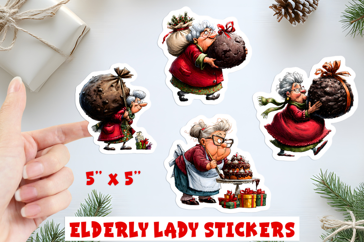 Christmas stickers funny elderly old lady with cake, sweets