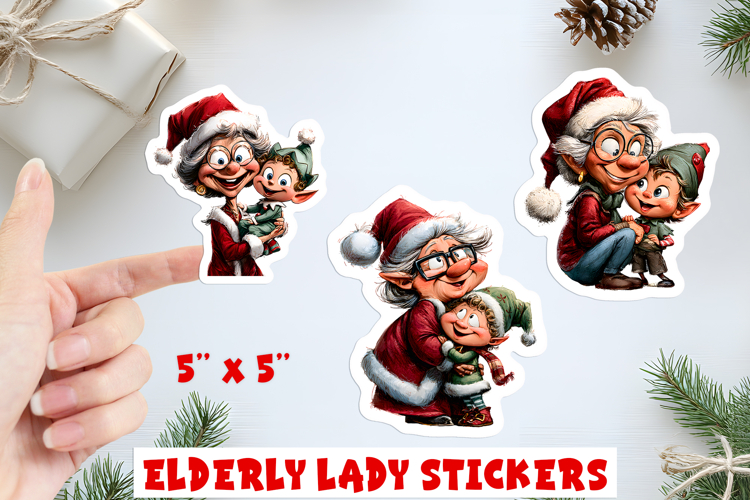 Christmas stickers funny elderly old lady with cute elf
