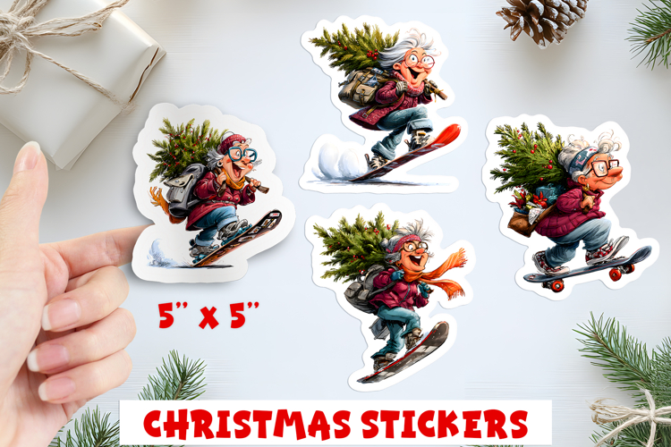 Christmas stickers, funny elderly old lady on skateboard PNG