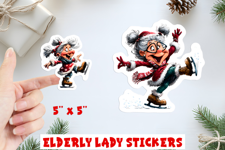 Christmas stickers, funny elderly old lady skating