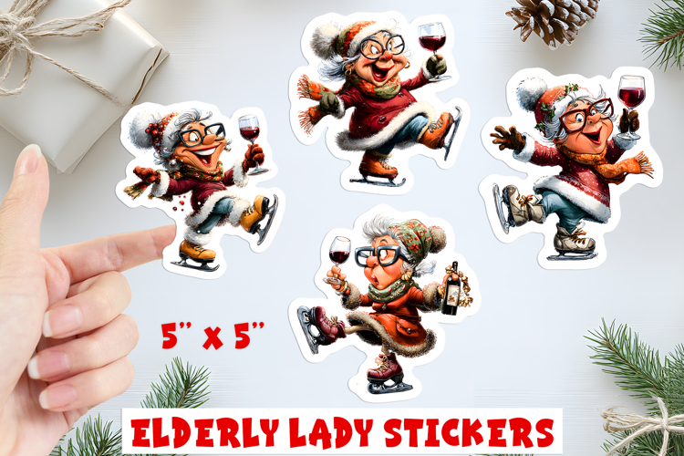 Christmas stickers, funny elderly old lady skating with wine