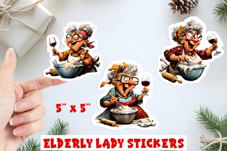 Christmas stickers, funny elderly old lady cooking with wine