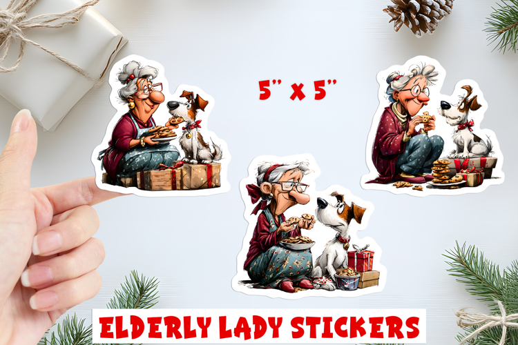 Christmas stickers, funny elderly old lady with dog, cookies