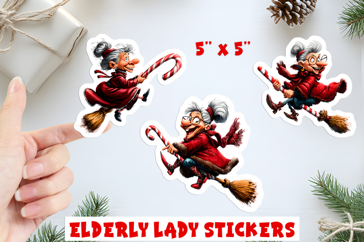 Christmas stickers, funny elderly old lady on broomstick