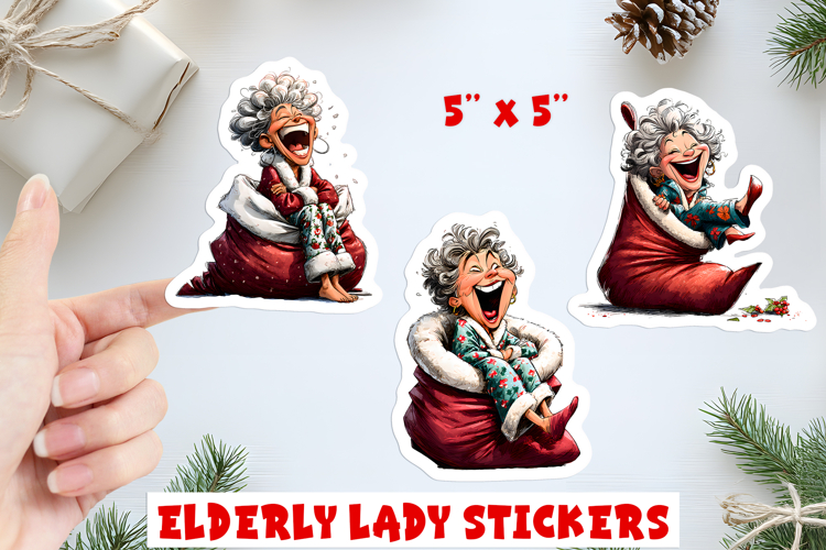 Christmas stickers, funny elderly old lady and Santa sack PN