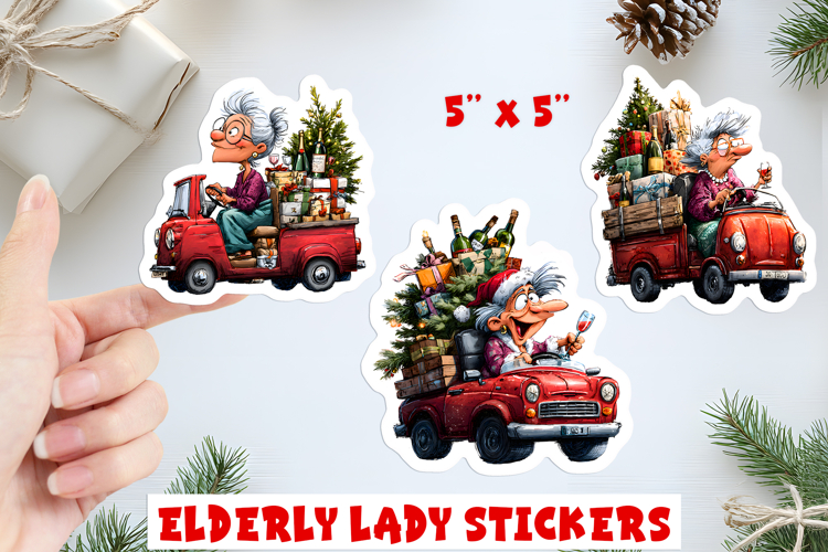 Christmas stickers, funny elderly old lady vintage red truck