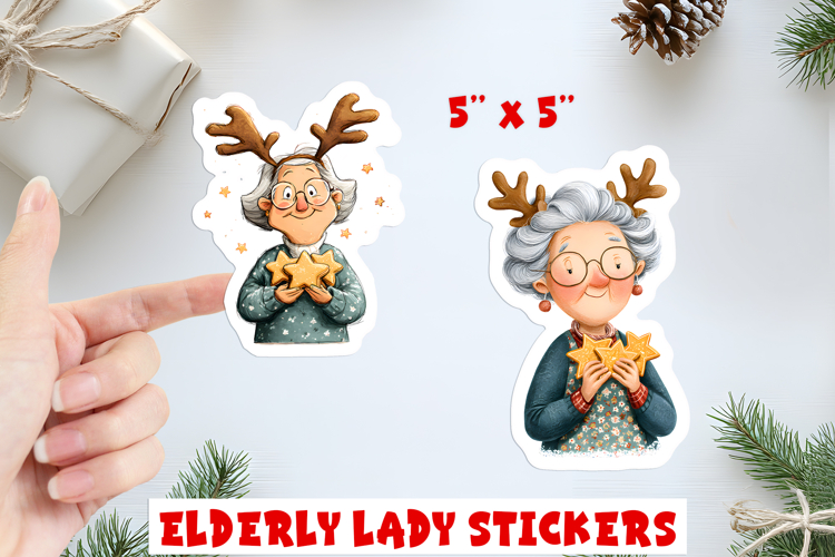 Christmas stickers, cute elderly old lady with cookies
